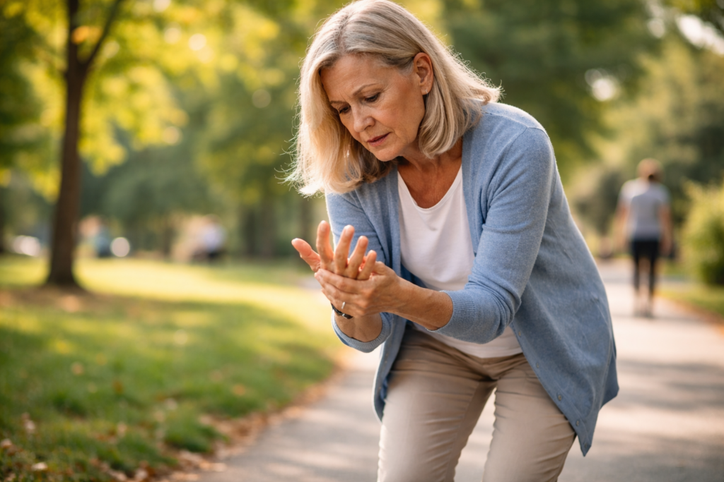 realistische afbeelding (1600 × 900 pixels): Een realistische, emotioneel geladen foto van een vrouw van rond de 55–65 jaar die zich buitenshuis voortbeweegt, bijvoorbeeld tijdens een rustige wandeling in een park of woonwijk. Ze staat even stil, licht voorovergebogen, terwijl ze haar hand of voet vastpakt met een geconcentreerde maar vastberaden blik. Haar houding laat zien dat ze doorzet ondanks ongemak. De omgeving is in beweging: zacht zonlicht, lichte wind door haar kleding, andere mensen onscherp op de achtergrond. De sfeer is actief maar ingetogen, met nadruk op veerkracht, dagelijkse realiteit en leven met zenuwklachten. Natuurlijke kleuren, documentaire stijl, geen medische setting, realistische belichting en hoge detaillering.