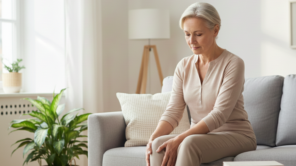 Volwassen persoon zit rustig op de bank in een lichte woonkamer en kijkt naar haar voeten, met een hand op het onderbeen als herkenbare situatie bij zenuwklachten zoals polyneuropathie.