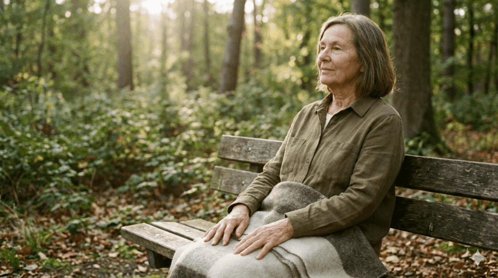 Persoon zit buiten in een rustige natuurlijke omgeving en ervaart tintelingen in handen of voeten