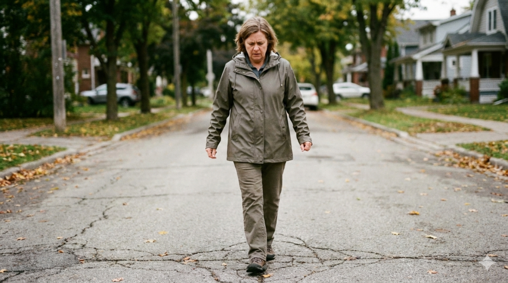 Man of vrouw van middelbare leeftijd beweegt voorzichtig in het dagelijks leven en ervaart onzekerheid en vermoeidheid door polyneuropathie.