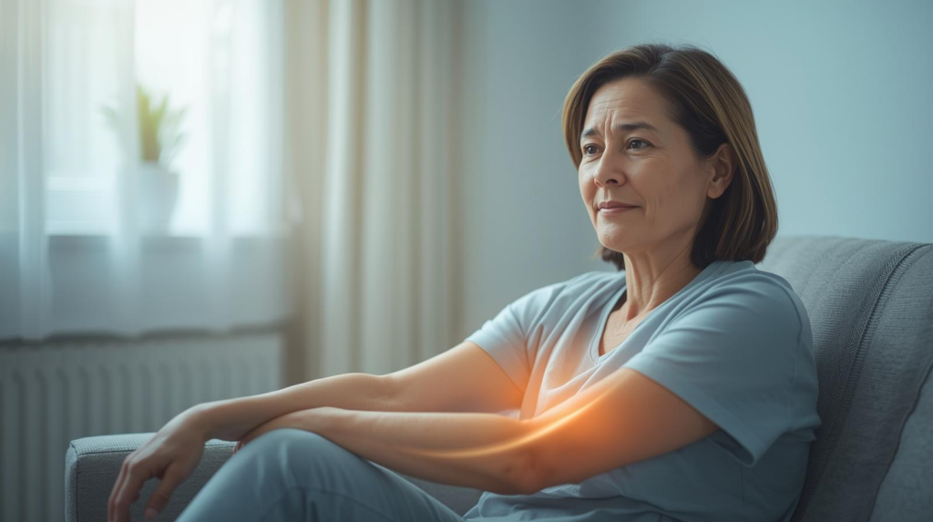 Persoon in rustige omgeving met subtiele symboliek voor ontsteking en herstel bij polyneuropathie.