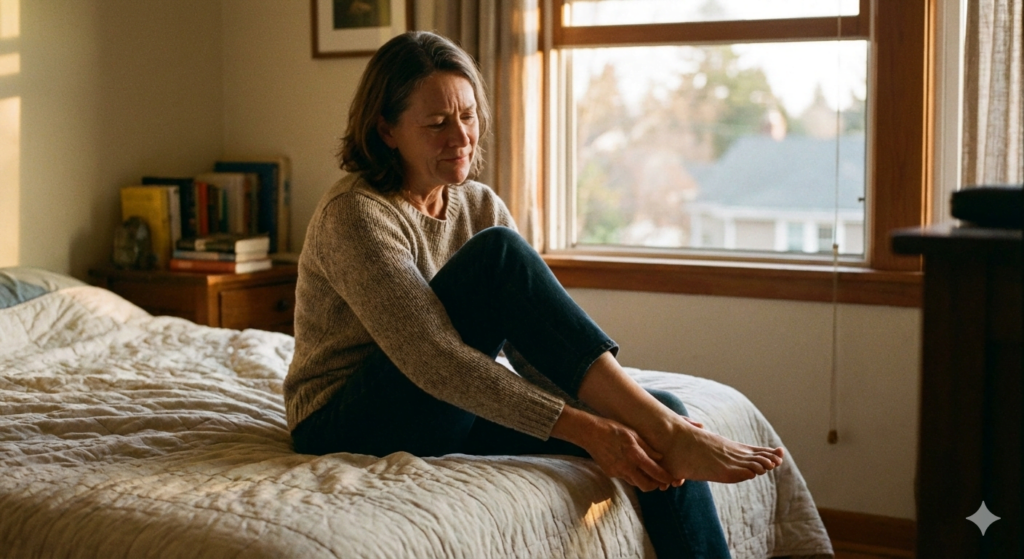 Vrouw van middelbare leeftijd die op de rand van haar bed zit en haar voet vasthoudt vanwege brandende zenuwpijn in een rustige slaapkamer.