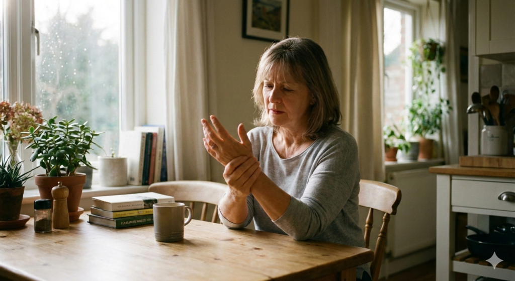 Vrouw van middelbare leeftijd die aan tafel zit en haar hand masseert vanwege tintelingen en zenuwpijn in een rustige thuissituatie.