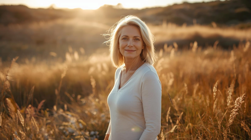 Vrouw van middelbare leeftijd in Nederlandse duinen met zonlicht op haar gezicht als subtiele verwijzing naar vitamine D en gezondheid.