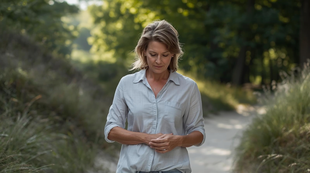 Vrouw van middelbare leeftijd die langzaam wandelt in een Nederlands bos en haar hand vasthoudt vanwege tintelingen of zenuwpijn.