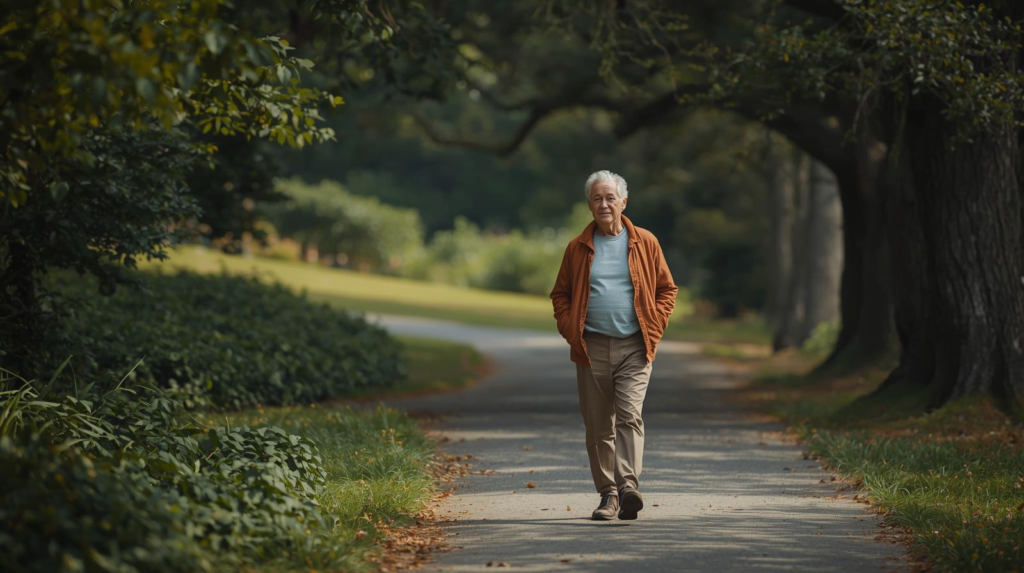 Persoon van middelbare leeftijd wandelt rustig buiten in park, herkenbaar dagelijks leven met polyneuropathie