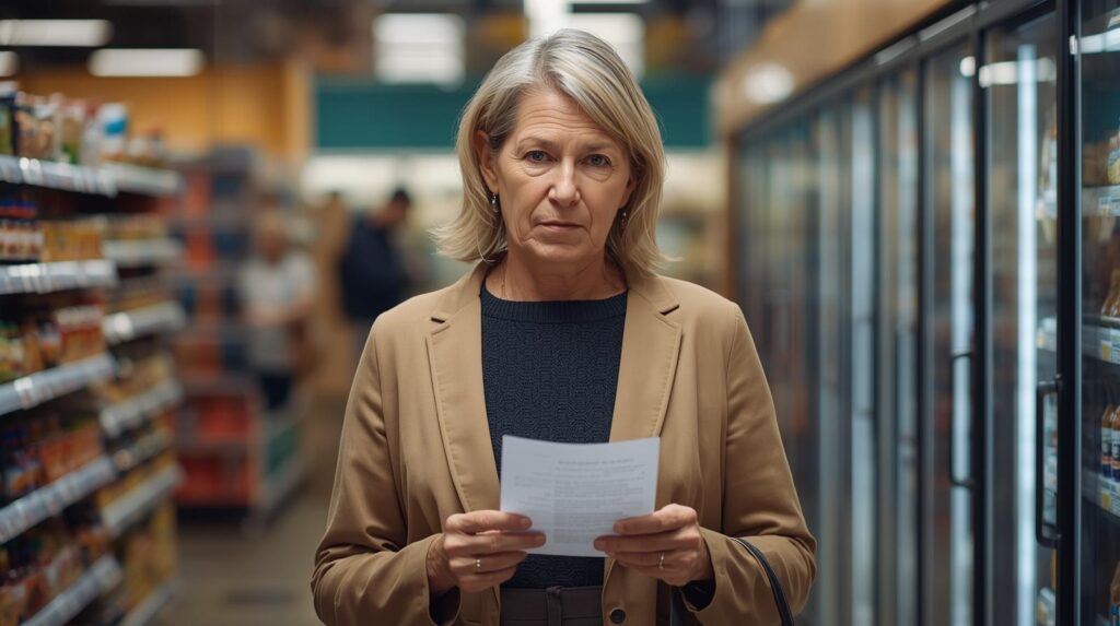 Persoon van middelbare leeftijd in supermarkt met moeite met concentratie door brain fog en polyneuropathie