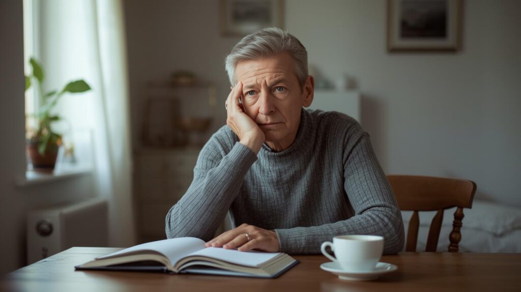 Persoon van middelbare leeftijd zit thuis aan tafel en heeft moeite met concentratie door brain fog en polyneuropathie