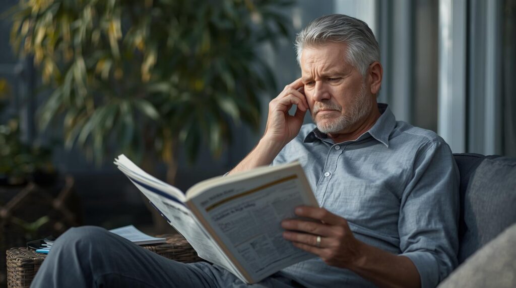 Persoon van middelbare leeftijd die moeite heeft met concentreren tijdens lezen door mentale vermoeidheid en polyneuropathie