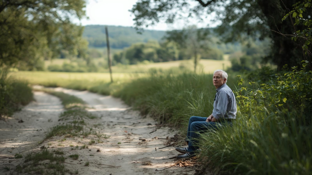 Persoon van middelbare leeftijd in landelijke natuur, rustmoment in dagelijks leven met polyneuropathie