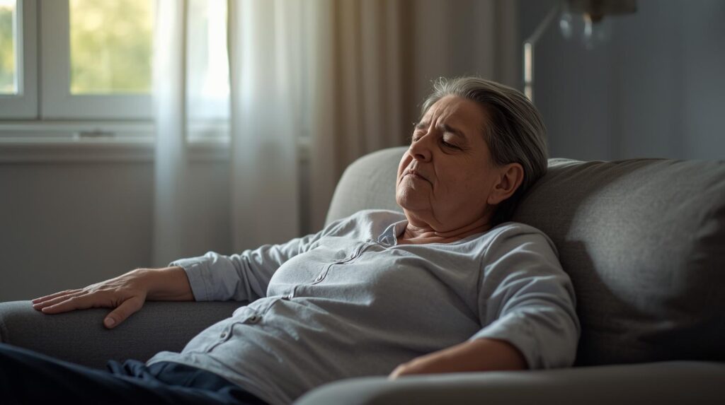 Persoon van middelbare leeftijd zit vermoeid thuis door polyneuropathie en chronische vermoeidheid