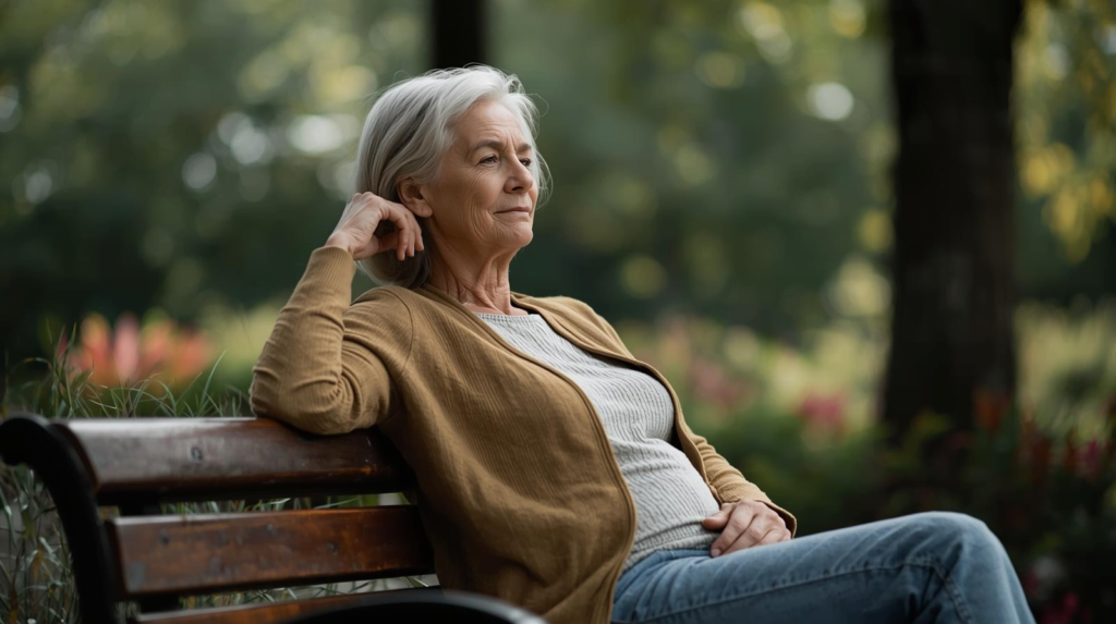 Vrouw van middelbare leeftijd zit rustig op een bankje in een park met vermoeide uitstraling, herkenbaar dagelijks moment bij polyneuropathie