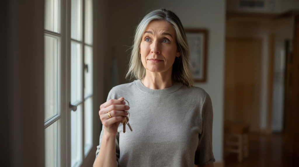 Persoon van middelbare leeftijd met sleutels in hand en moeite met geheugen door brain fog of polyneuropathie