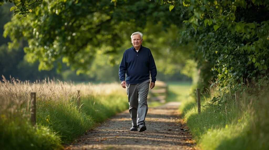 Persoon van middelbare leeftijd wandelt rustig op landelijk pad met stabiele polyneuropathie