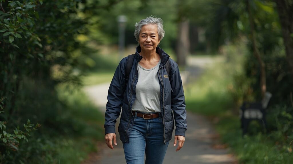 Persoon van middelbare leeftijd wandelt rustig buiten met polyneuropathie in dagelijks leven