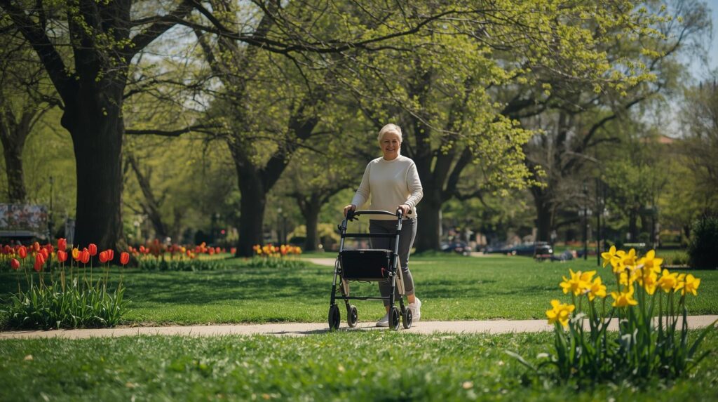 vrouw loopt met rollator door polyneuropathie.